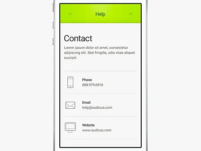 Audicus, Contact page app arrow contact email health help icon ios iphone mail phone website