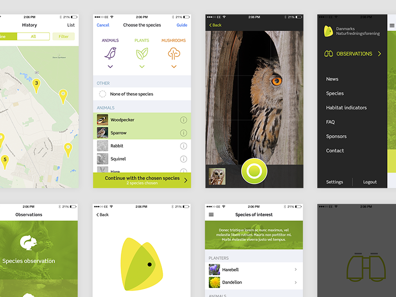 Nature Observation App animals app camera green ios iphone list mobile nature navigation observation white