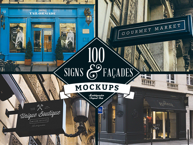 100 Signs and Facades brand facade free front hang from wall insignia logo mockups shop sign store