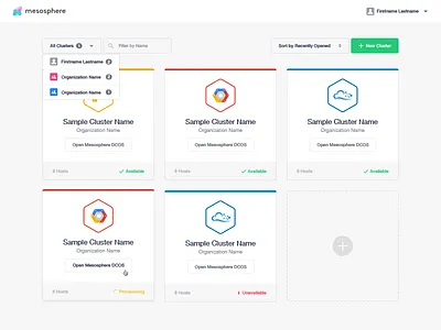 Clusters cards datacenter dcos digital ocean google cloud mesosphere tile ui