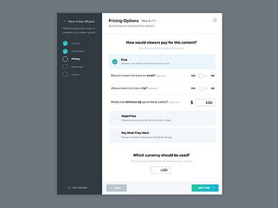 New Video Wizard currency interface payment pricing ui video wizard