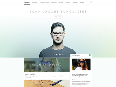 Blog blog eyewear home landing landing page layout modern news page post simple sunglasses