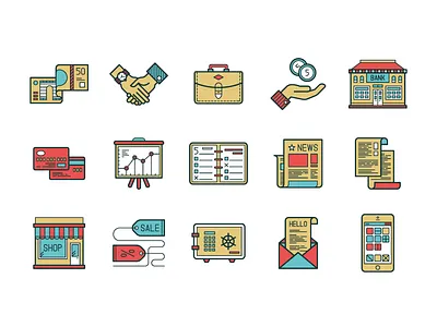 Business icons analytics bank card case label letter market money phone planner safe sale