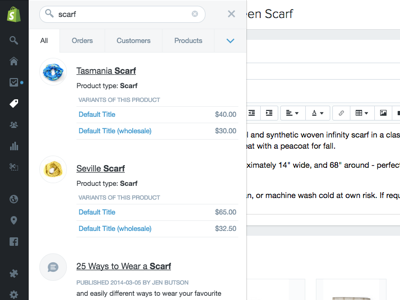 Example of Shopify admin global search