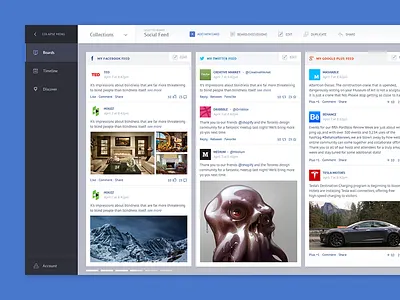 Board Feed Dashboard blue board cards columns dashboard social feed ui user feed ux