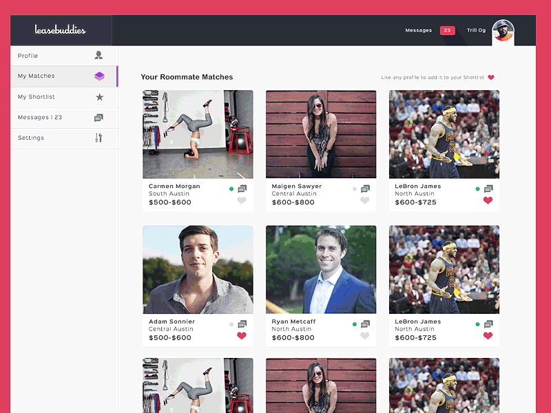 Roommate Matches Page dashboard matches ui user cards user interface