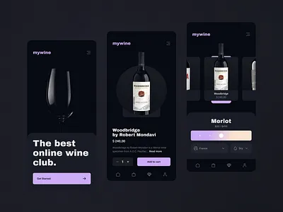 Wine Club App Concept app application button buy clean club dark mode design system ecommerce luxury mobile modern purple slider store ui violet wine
