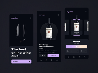 Wine Club App Concept app application button buy clean club dark mode design system ecommerce luxury mobile modern purple slider store ui violet wine
