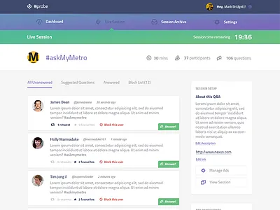 Voxcast Manage Session app feed gradient header qa responsive social stream twitter ui ux
