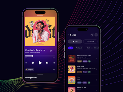 Music App app app design art bright dark mode design gradient graphic design interaction interface listen music music app music player player songs ui user interface ux ux design