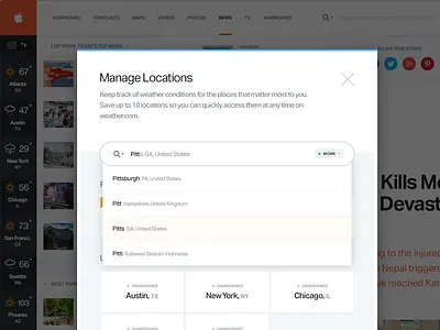 Location Dropdown Modal dashboard dropdown interface location map modal news popup search tags ui weather