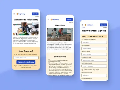 Neighborly: Mutual Aid Website - Volunteer Signup app blue community design food groceries grocery delivery mutual aid neighbor neighborhood responsive ui ux volunteer web design website yellow