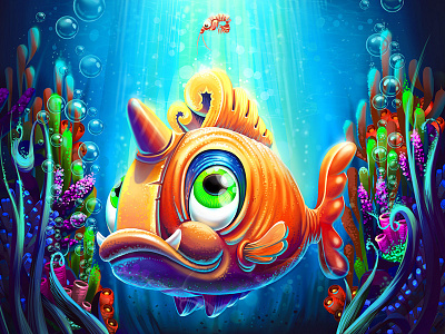 Unifish algae bubble character deep fish illustration ocean sea shrimp unicorn water