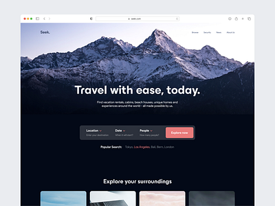 Seek - Travel landing page adventure agency airbnb animation booking clean design hotel minimal nature real travel ui ux web
