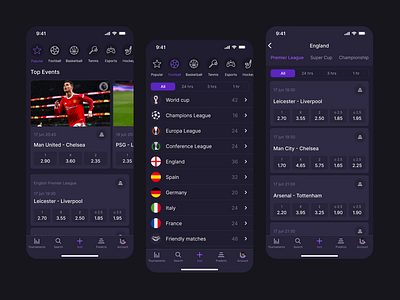 Betting Simulator Mobile app animation app cards clean dark design football gambling inspiration inspire interaction interface layout line mobile sport table theme ui ux
