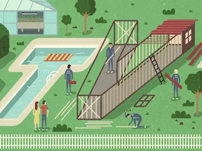 HGTV character construction editorial garden home illustration landscape people pool tv variety vector
