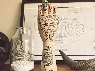 Wooden hand illustration art creative drawing fun girl hand horns illustration love snake wooden