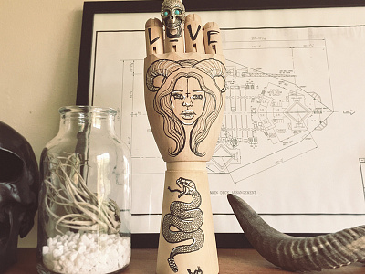 Wooden hand illustration art creative drawing fun girl hand horns illustration love snake wooden