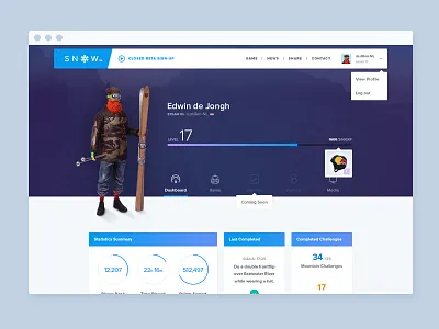 Snow profile page challenges character dashboard experience items level page profile progress snow stats