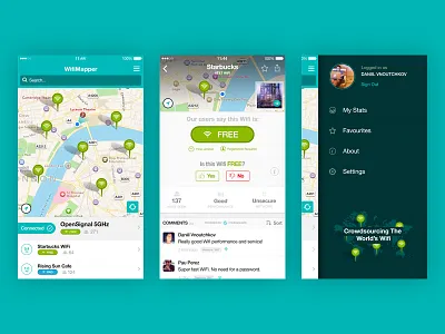 WifiMapper iOS App account connected favourite hotspot icons ios list map pinpoint search sidebar wifi