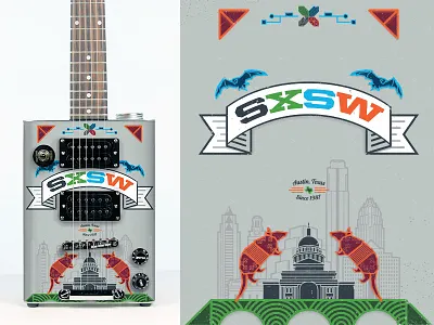 SXSW Bohemian Guitar Wrap Front armadillo austin bats custom design guitar illustration music packaging sxsw tech texas