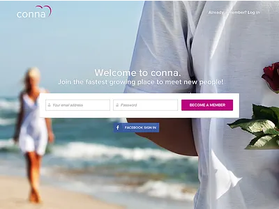 conna - fastest growing place to meet new people homepage landing page login register responsive ui user interface ux