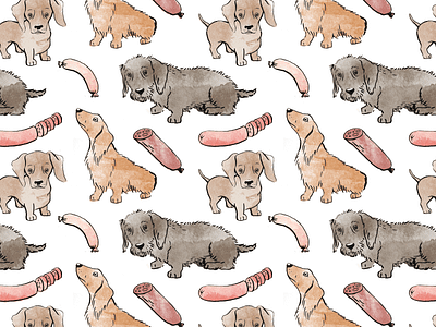 Sausages and Sausage Dogs dachshund dog illustration pattern tile watercolor