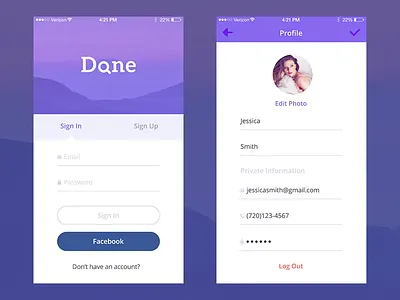 'Done' iPhone App Concept (Sign in, Profile screens) find flat interface ios iphone local login professional profile sign in ui ux