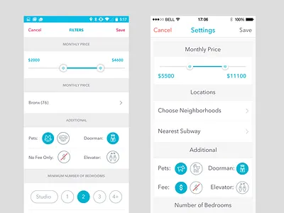 iOS & Android apartment clean design filter find flat pixel sliders ui ux