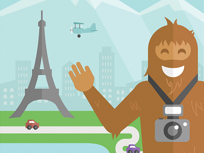 Traveling Yetti bigfoot city scene eiffel tower illustration loch ness monster plan plane sasquatch travel yetti