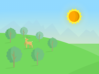 Good Morning deer flowers grass illustration mountains sun tent trees