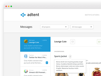Adtent Message Board Showroom 1x 2x design message board messages retina ui user experience user interface ux web app website design