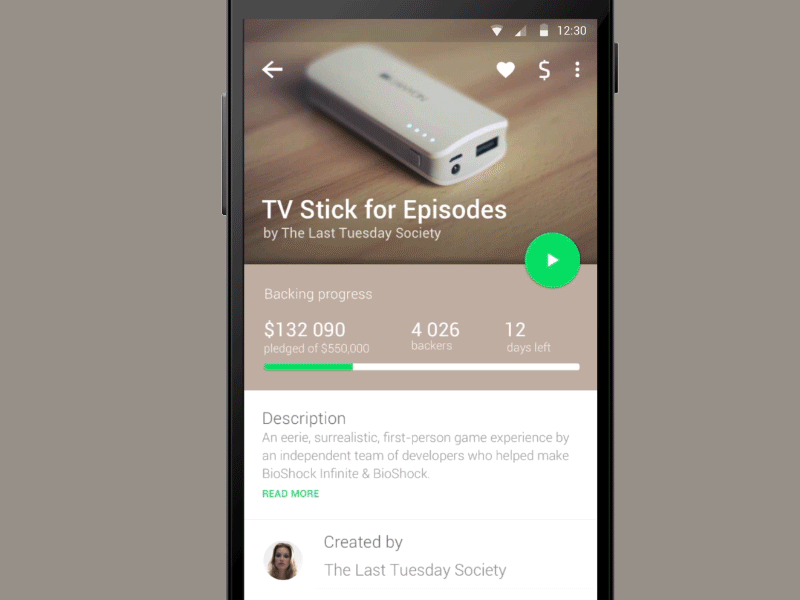 KickMaterial - Project View detail material design mobile app project transition ui ux