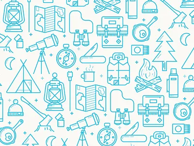 Camp Icons axe binoculars blue camp campfire iconography icons lantern map skillet telescope vest