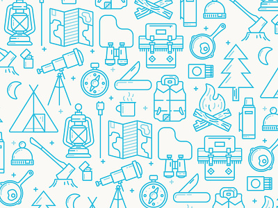 Camp Icons axe binoculars blue camp campfire iconography icons lantern map skillet telescope vest