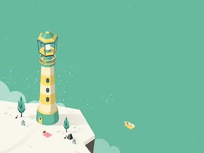 Lighthouse boat island isometric lighthouse minimal ocean picnic shore waves