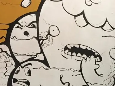 Wallpainting. Sad goodbye art black and white characters ink kaiju lineart monsters mural wallpainting