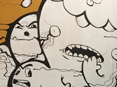 Wallpainting. Sad goodbye art black and white characters ink kaiju lineart monsters mural wallpainting