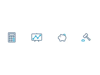 Icon Set WIP blue business calculator chat comment hammer light bulb line icons piggy bank scale tax