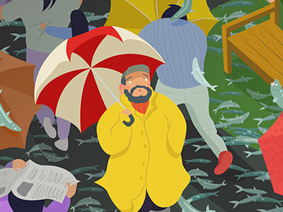 Nakata's Prophesy fish flat graphic illustration japan kafkaontheshore narrative novel umbrellas vector