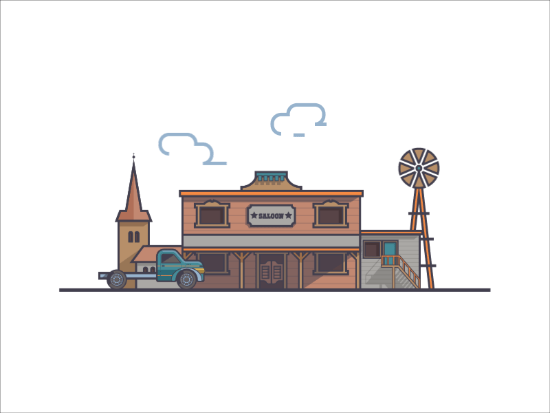 Windmill animation car church cloud illustration saloon vector western wild wind windmill window