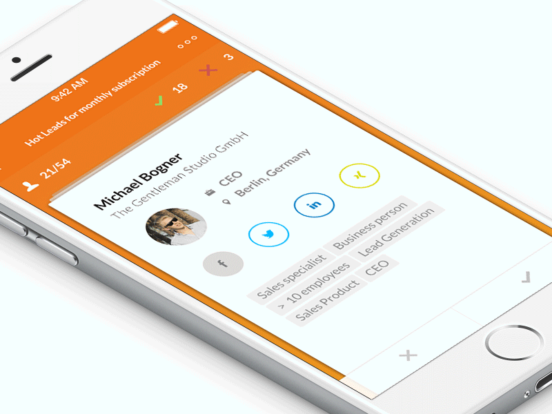Business Leads Filter • interact.io berlin business cards contact digital transformation filter interact.io interaction profile sales agent swipe ui