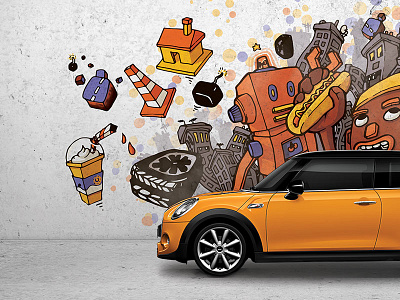 Minicooper Citylife building car city grafitti hotdog house illustration robot smoothy urban wall