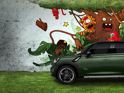 Minicooper Forest bird car forest grafitti jungle leaf mushroom tree wall wood