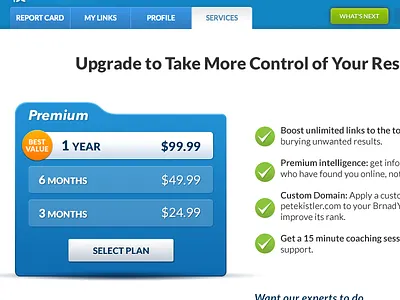 BrandYourself Upgrade Page: Version A app brandyourself conversion payment pete kistler plans pricing ui upgrade ux