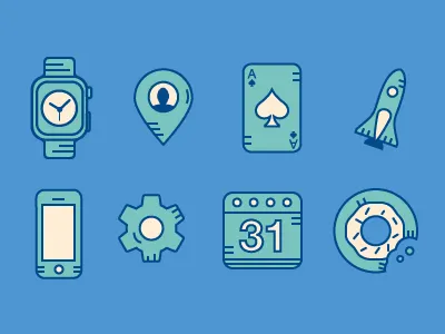 Icons research calendar card donut flat icons location old school phone rocket spade watch