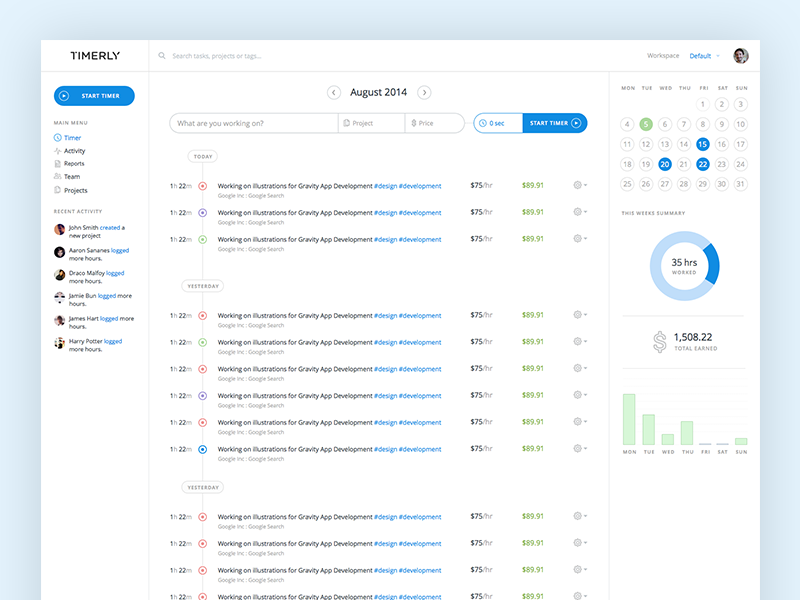 Timer page activity dashboard list overview project timer