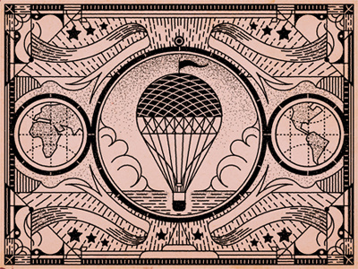 Fly the Friendly Skies border cloud decorative flag hot air balloon map ocean stars texture travel vintage