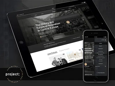 Project Kazimierz — Home Page dark grid kazimierz logo mobile podcast project responsive texture trailer website