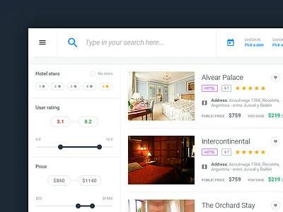 Honest Vacation • SERP discount filters hotel range range slider ratings savings search site ui